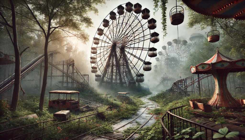 Lost Places - Bild eines verlassenen Freizeitparks mit einem rostigen Riesenrad