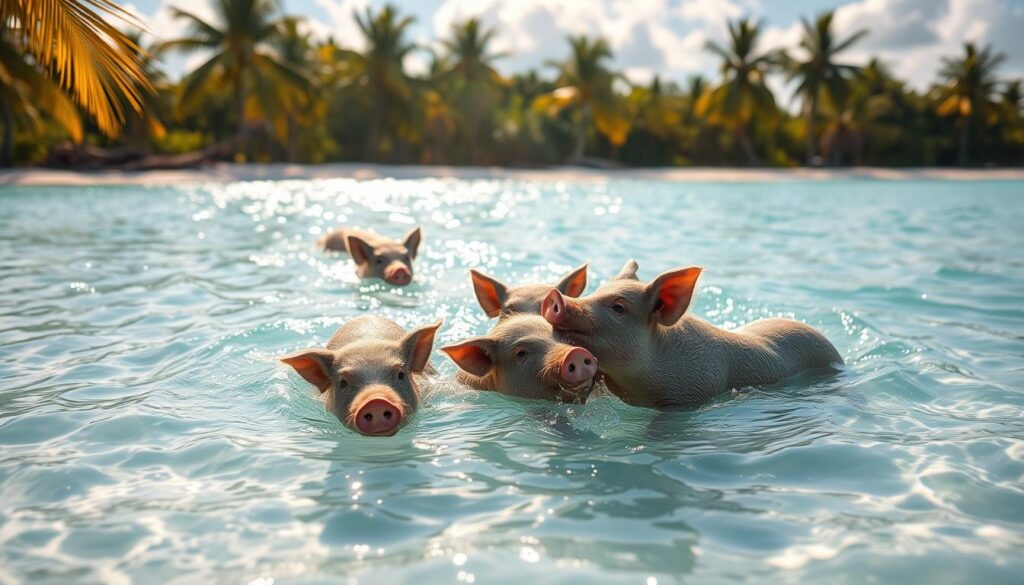 Schweine Bahamas Strand Interaktion