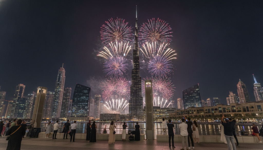 Aussicht auf Feuerwerk und Skyline zum Jahreswechsel Aussicht auf Feuerwerk und Skyline zum Jahreswechsel