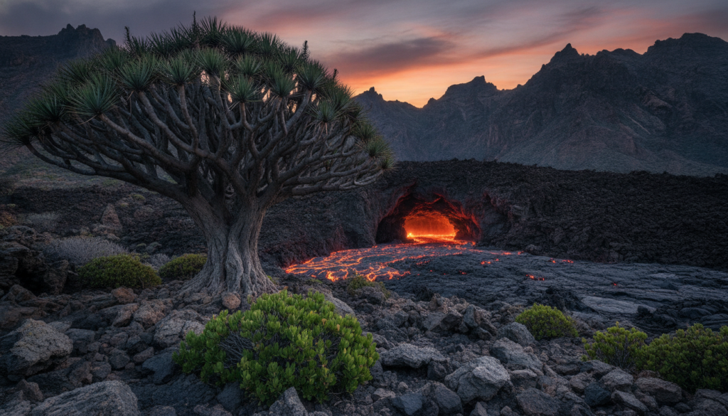 Drachenbaum und Lavahöhle auf Teneriffa Drachenbaum und Lavahöhle auf Teneriffa